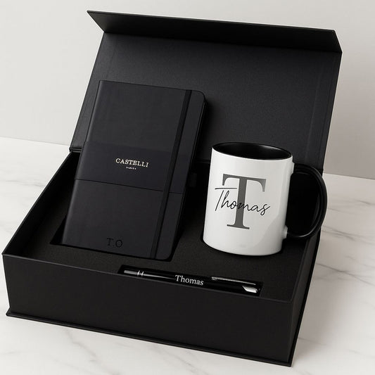 Black Castelli Notebook, Pen & Initial Mug Gift Set