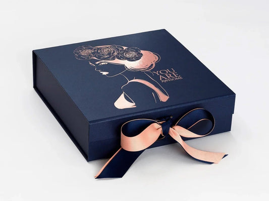 Personalised Luxury Navy Blue Medium Gift Box with ribbon